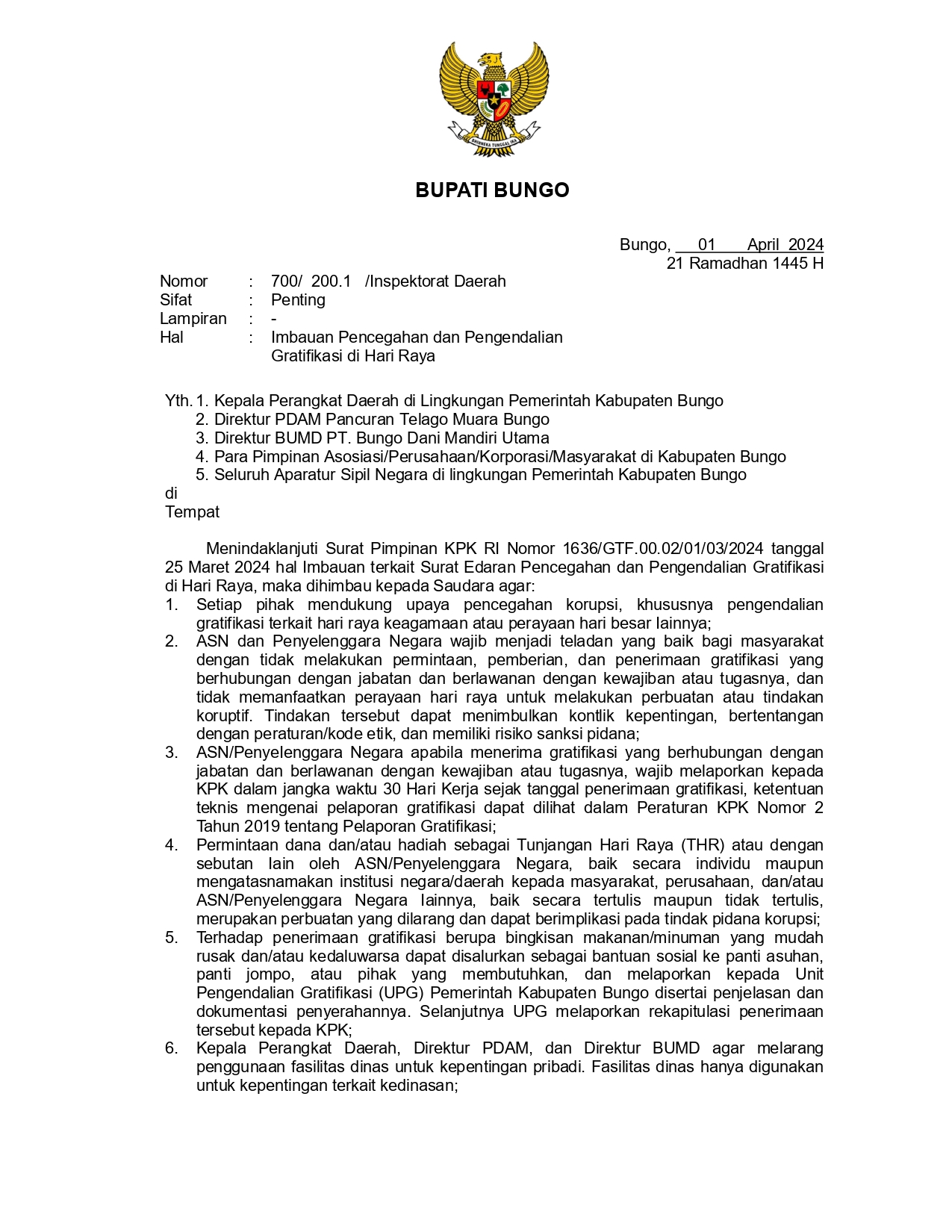 Imbauan Pencegahan dan Pengendalian  Gratifikasi di Hari Raya