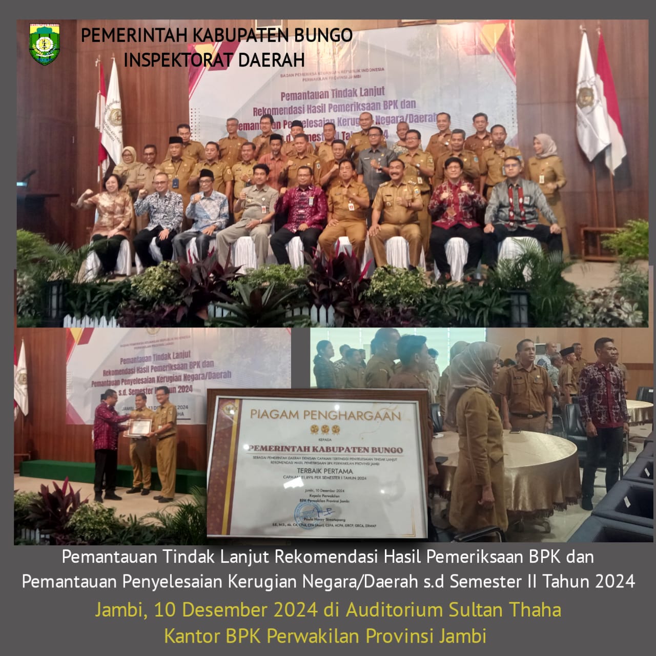 Pemerintah Kabupaten Bungo Raih Terbaik Pertama atas Percepat Penyelesaian TLRHP BPK
